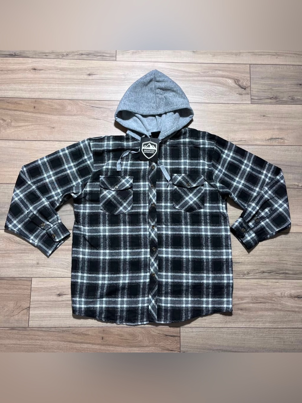 Mountain Expeditions Men's Plaid Flannel Button Up Hooded Shirt XL Black Gray